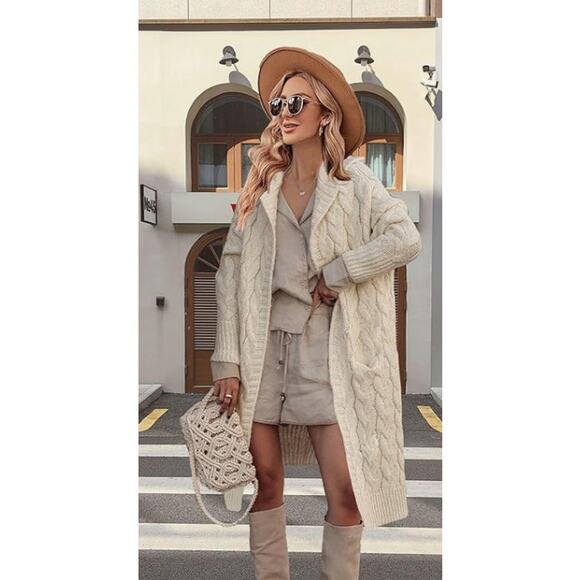 Hooded Long Cardigan Cable Knit Sweater Pocket Oversized Chunky SIZE SMALL - Picture 3 of 6